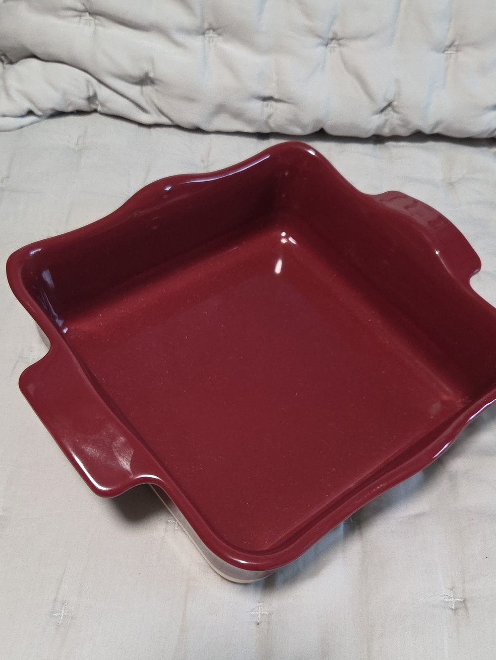 Emile Henry, 8x8 Square Ceramic Baking Dish in Deep Wine Red, Ruffled Edge